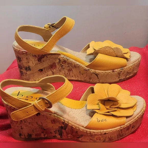 Boc Born 7 Concept Leather Yellow Slingback Floral Cork Wedge Flower Sandal - Picture 1 of 11